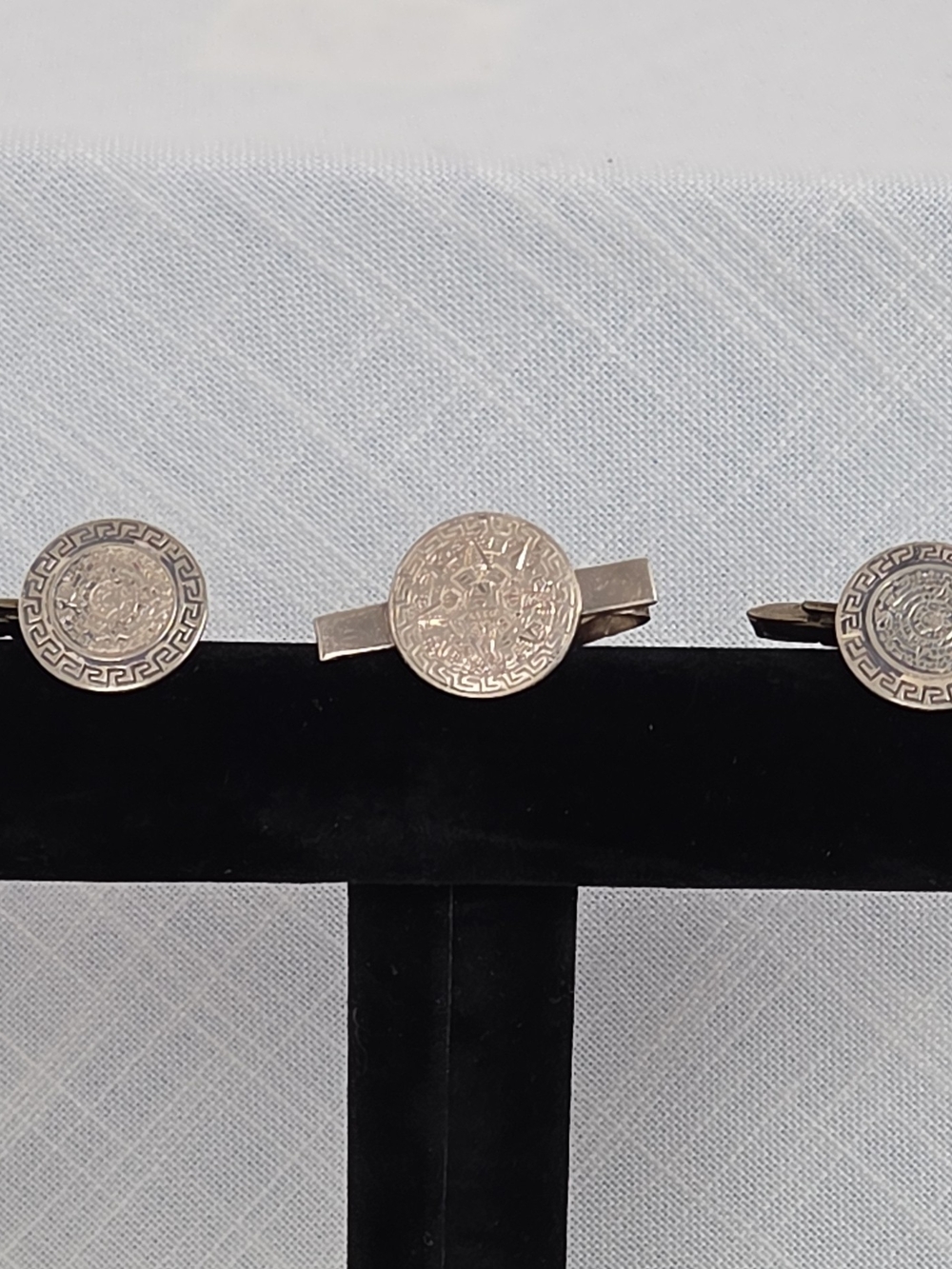 Men's .925 Sterling Silver Tone Coin Cufflinks and Tie Bar Set Made In Mexico